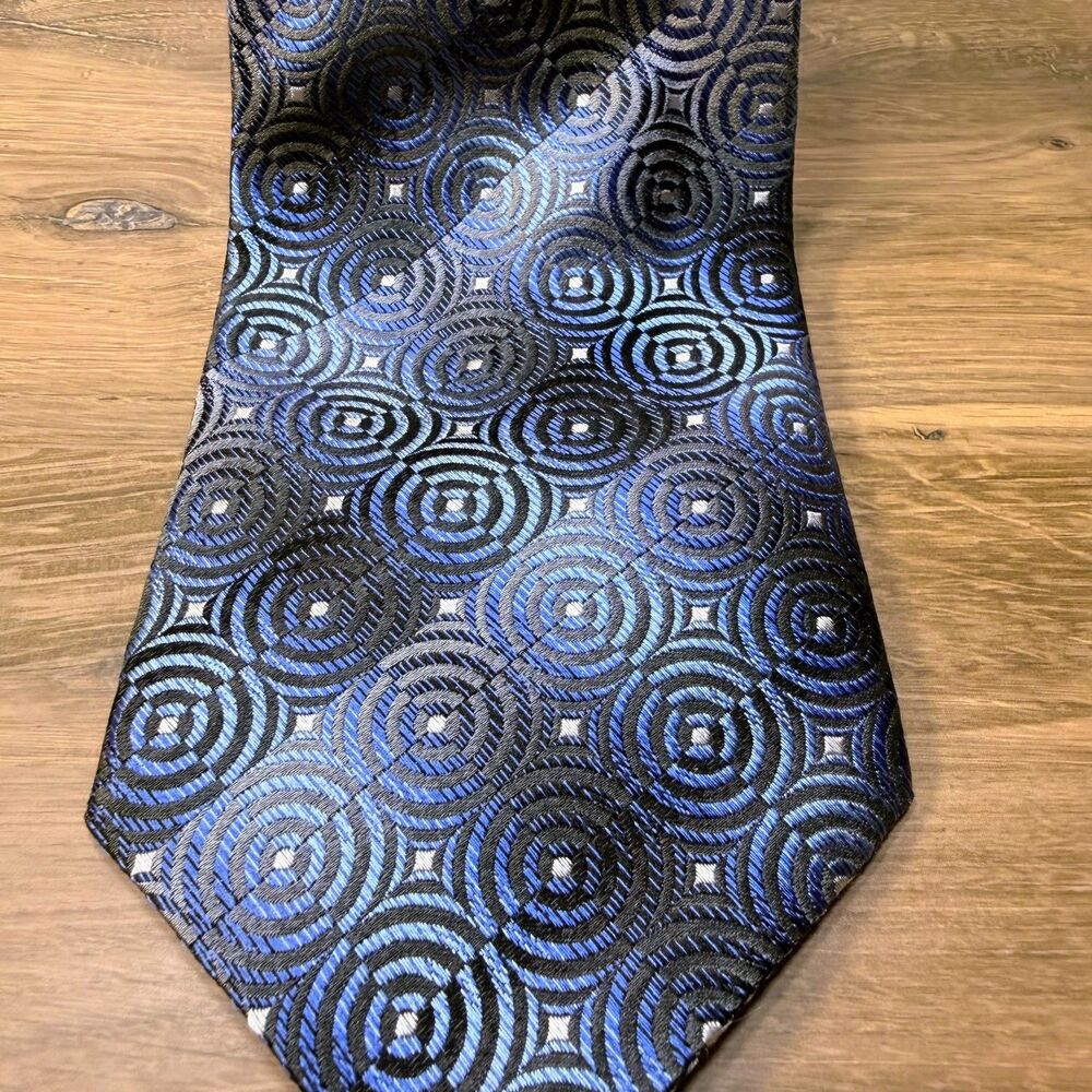VTG Paul Dione Tie Blue Black Geometric Circle Print Silk Necktie